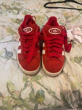 Adidas Red Suede Sneakers with White Stripes